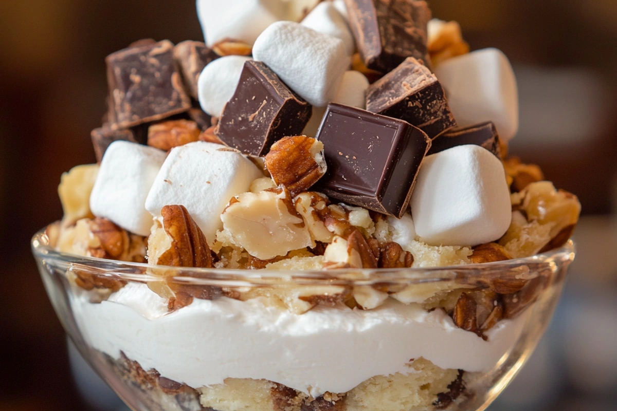 Dessert with marshmallows, chocolate, and nuts.