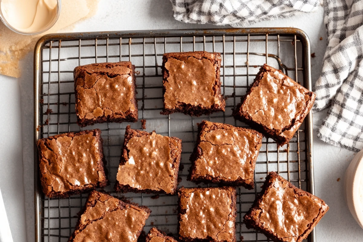 Squares of cocoa-free brownies cut evenly on a wooden board, garnished with chocolate chips and nuts.