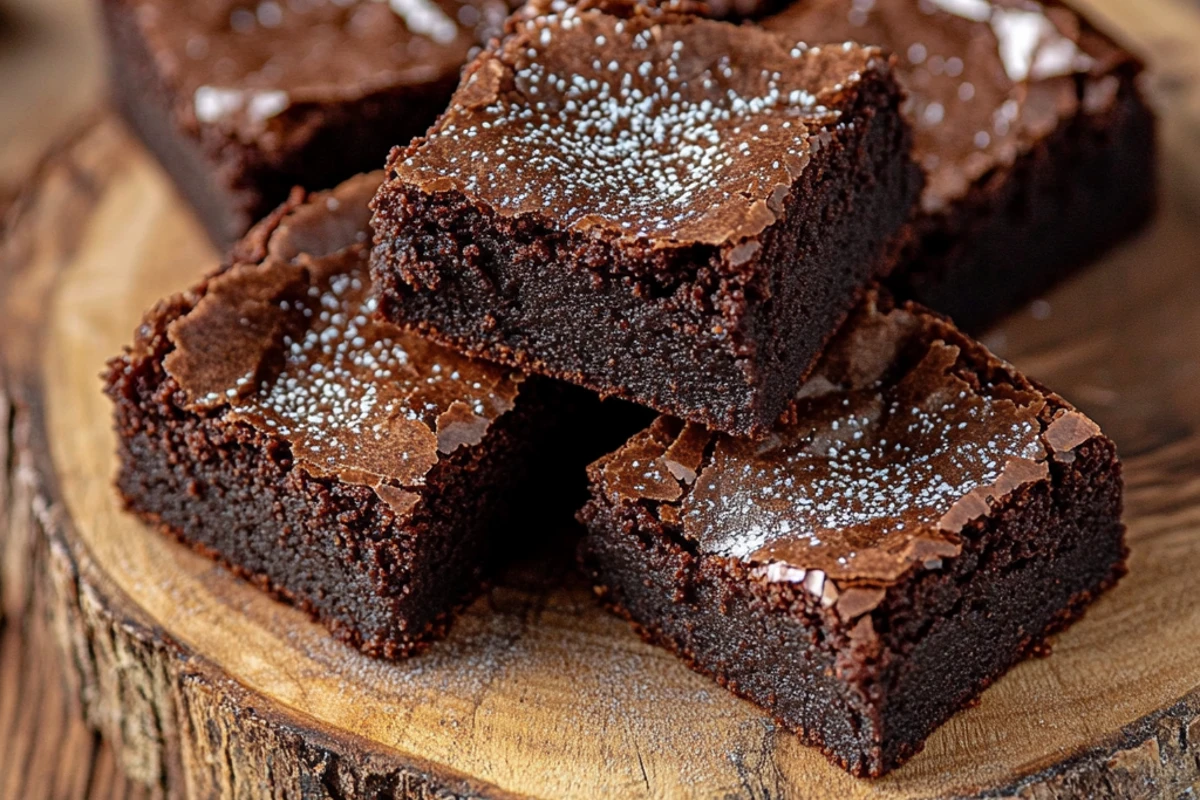 Fudgy, dark brown brownies without cocoa powder, stacked on a wooden plate with powdered sugar.