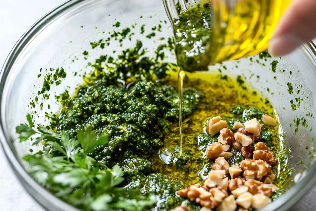 Jarred pesto in a bowl with fresh herbs, olive oil, and crushed walnuts.