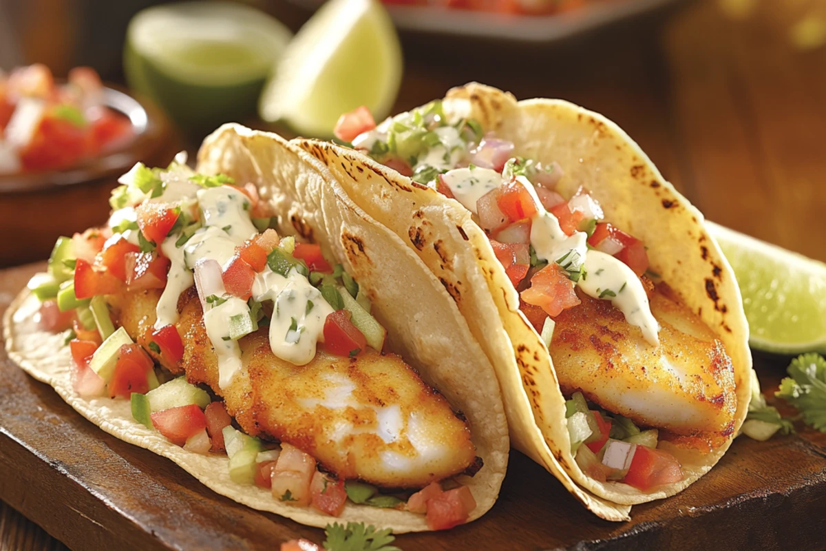 Fish tacos with crispy fillets, slaw, pico de gallo, sauce, lime wedges, and herbs on a wooden table.