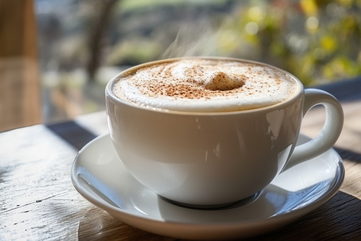 A rustic kitchen scene with a chai tea latte on a white plate, bathed in natural sunlight and framed by a serene mountain view through the window