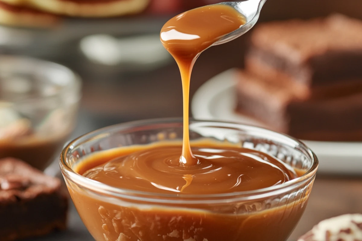 A close-up of a glass bowl filled with homemade caramel, surrounded by brownies, ice cream, and pancakes, with a spoon dripping caramel.