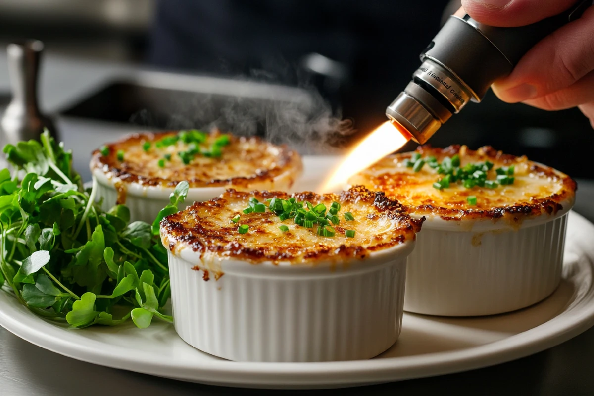 Crab Brulee served in a ramekin with a golden, caramelized Parmesan crust, garnished with fresh herbs.