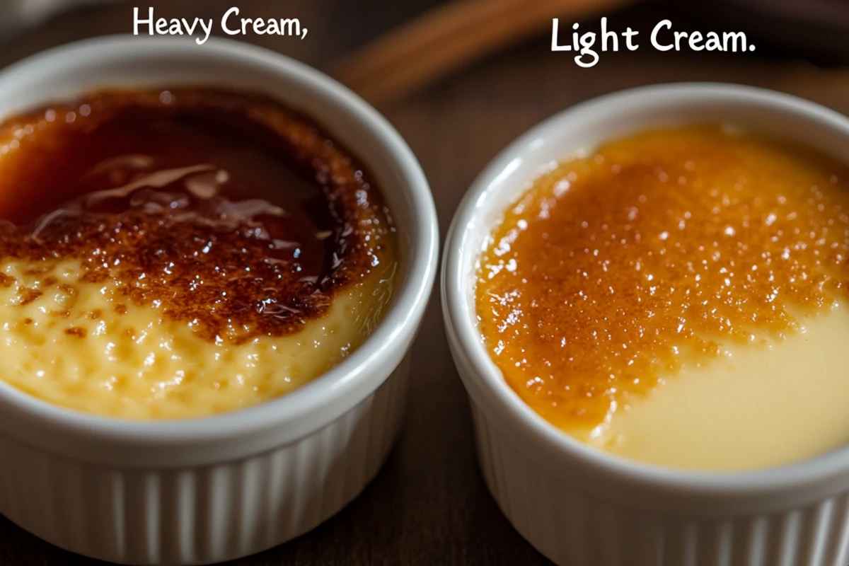 Side-by-side crème brûlée custards in ramekins: "Heavy Cream" is smooth, "Light Cream" is runny, both with golden-brown tops. Warm lighting, spoon, and vanilla bean in the background.