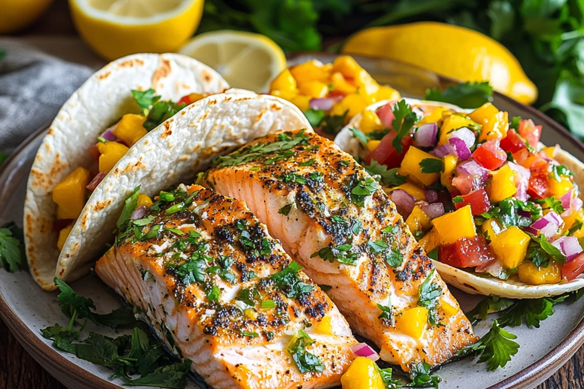 Plate of salmon, mahi-mahi tacos, and mango salsa on a rustic table with fresh herbs, lemons, and Trader Joe's packaging in the background.