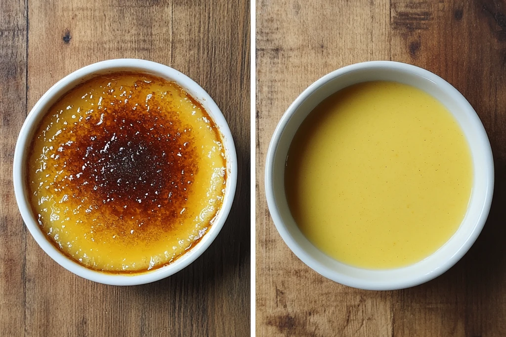 Crème brûlée with caramelized sugar top next to plain yellow custard in a bowl, shown side by side on a wooden table.