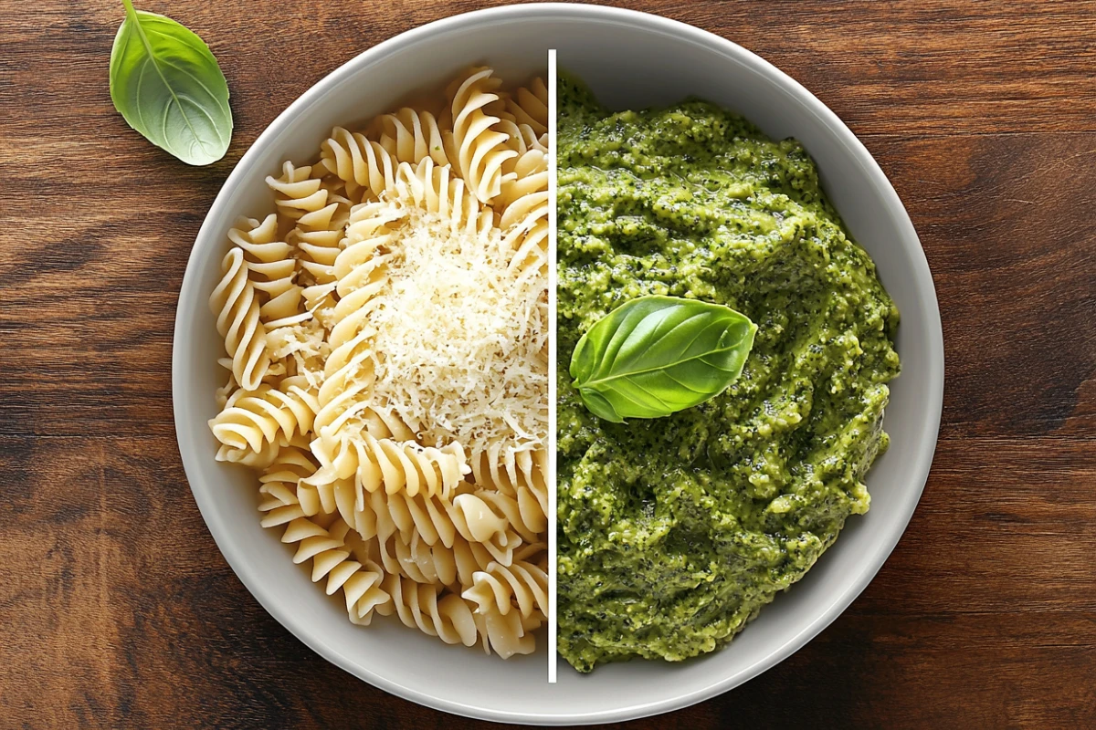 Top-down view of pasta, half plain, half with green pesto, garnished with cheese and basil on a rustic table.