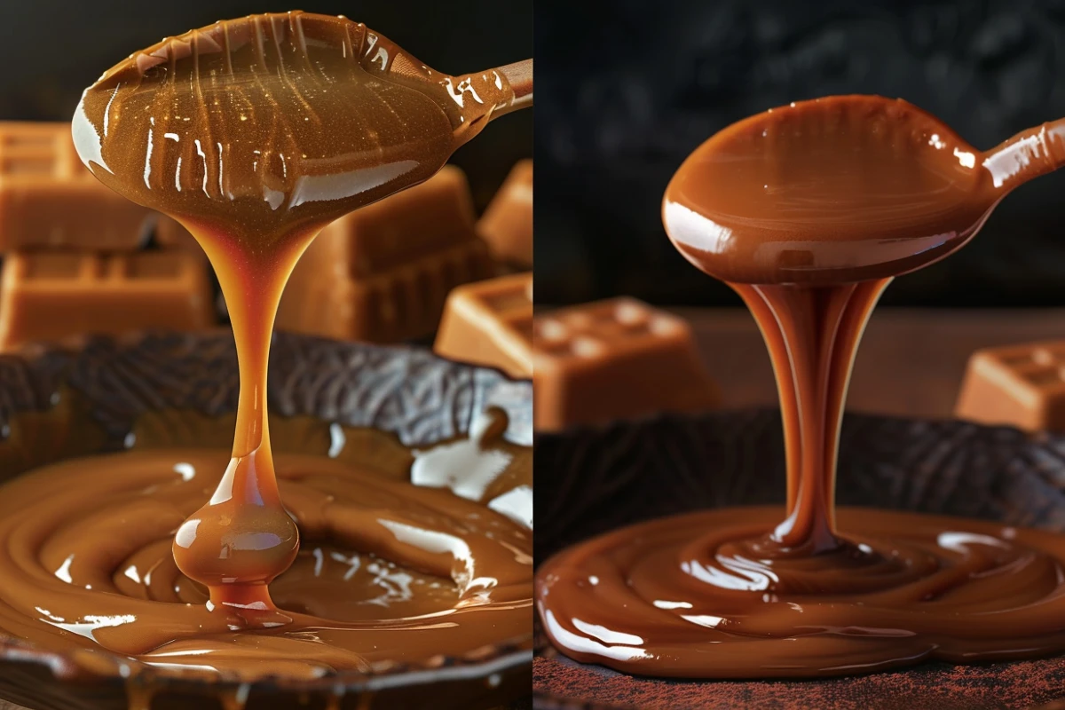 Comparison of traditional caramel (smooth and glossy) and date caramel (thick and matte) with labels for clarity.