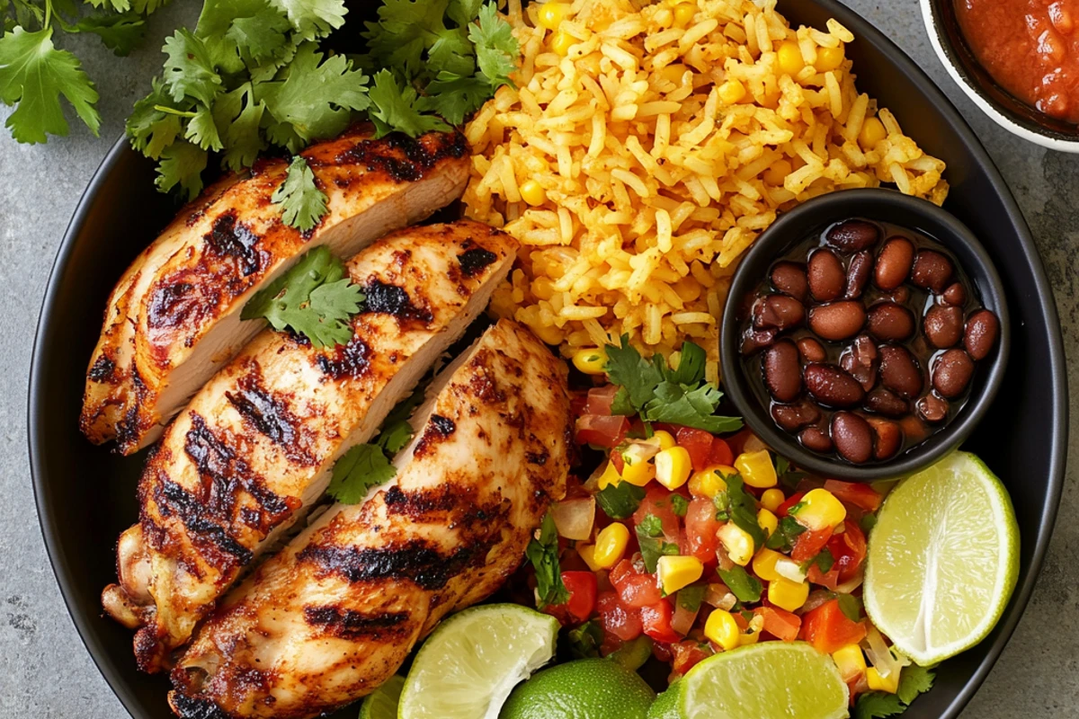 Artistic spread of marinated chicken, spices, lime, chili peppers, and garlic on a rustic kitchen surface