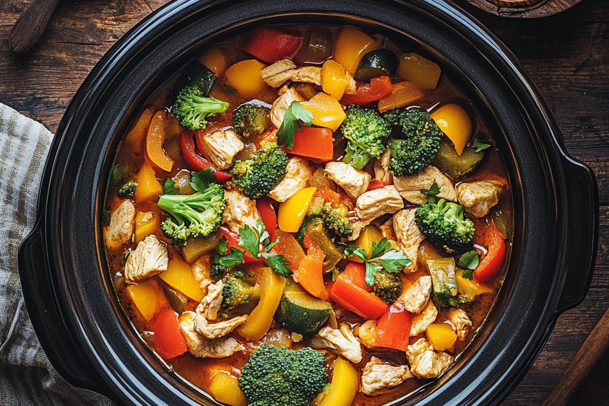 Slow cooker with chicken, broccoli, bell peppers, and herbs.