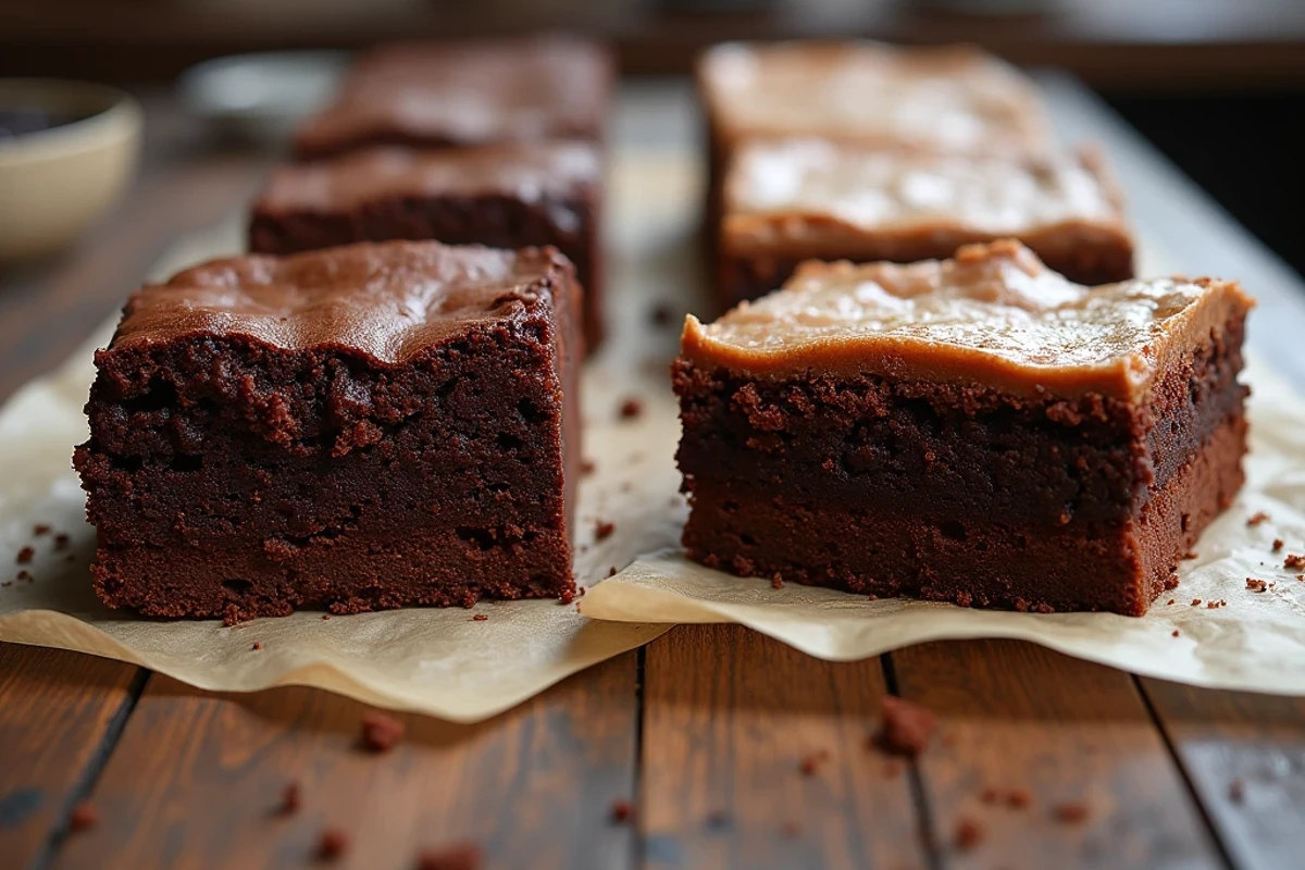 Fudgy brownies with a gooey texture next to cakey brownies with a fluffy texture on a wooden table.