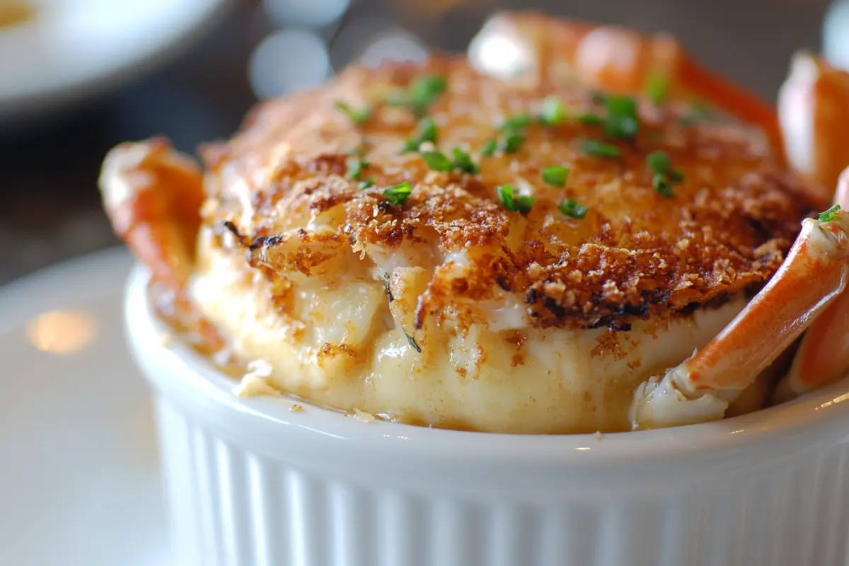 Golden crab brulee on countertop