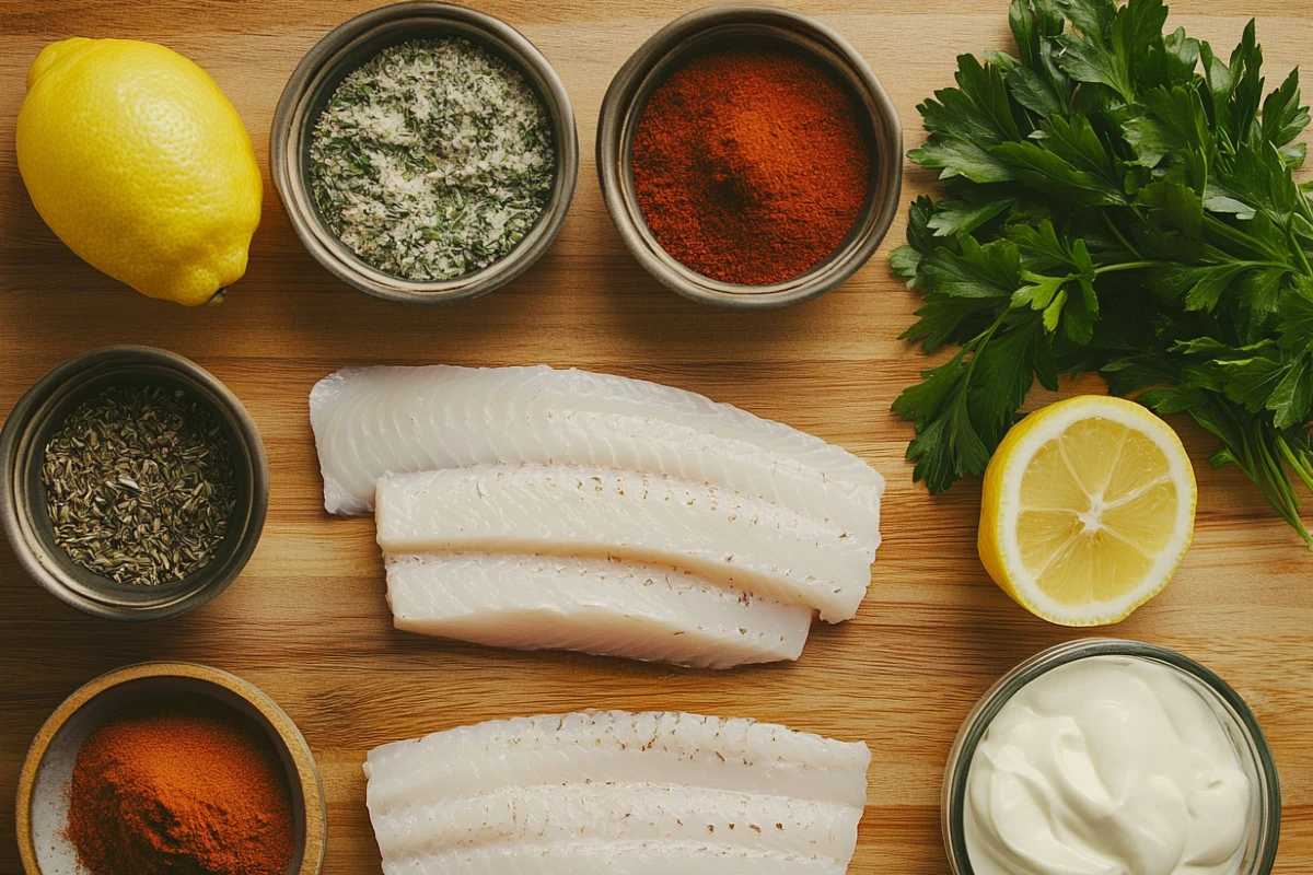 Ingredients for smoked fish dip on a wooden countertop.