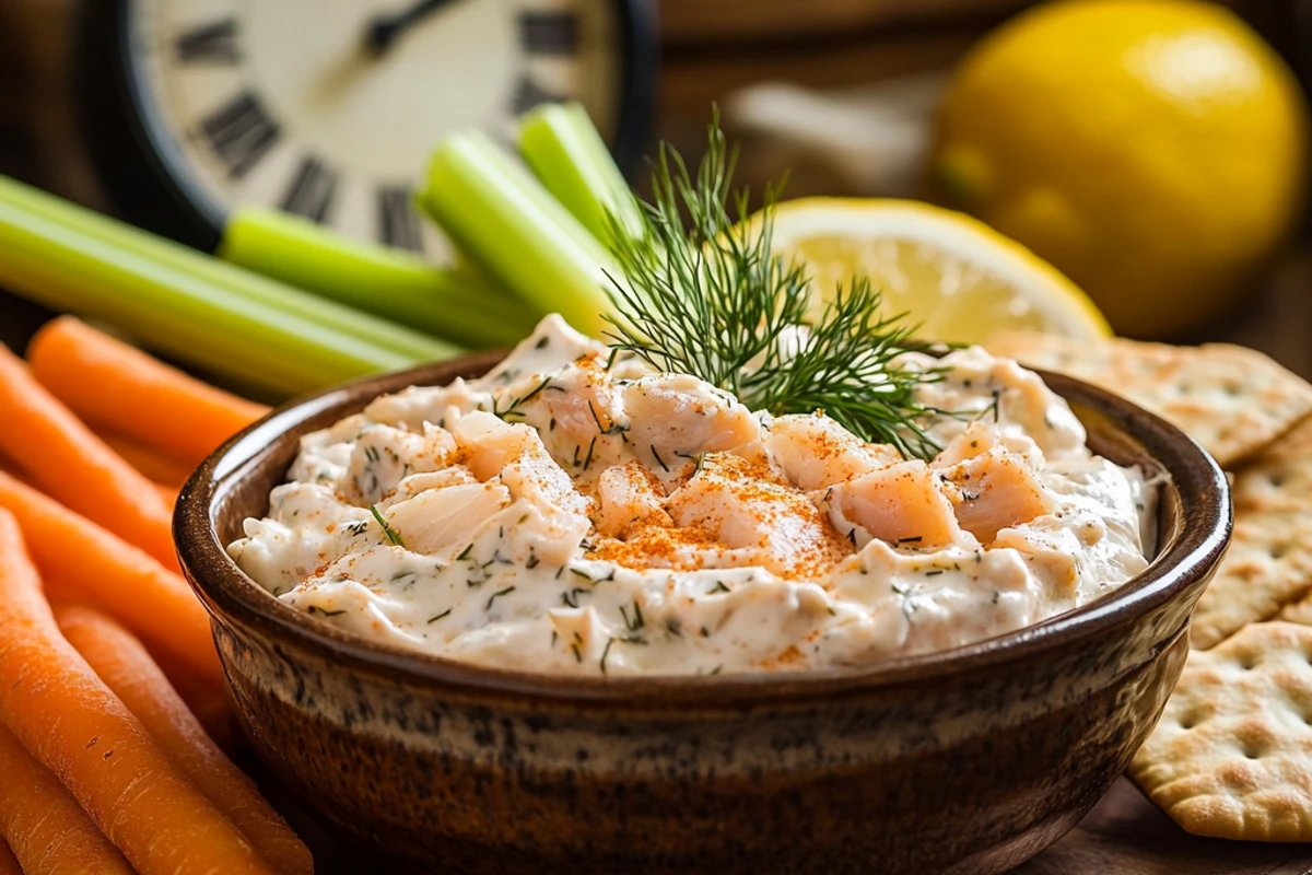 Smoked fish dip with dill and paprika, crackers, veggies, and a vintage clock highlighting freshness and time.