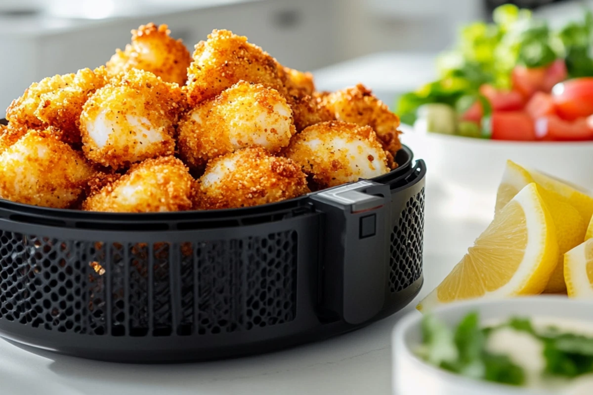 Air fryer with crispy breaded cod fillets, lemon wedges, and tartar sauce.