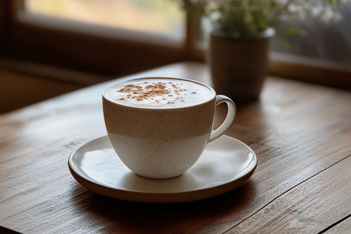 Rustic kitchen scene with a Starbucks Chai Latte on a white plate, topped with cinnamon and frothy milk. Bright natural light and a mountain view through the window add a cozy vibe