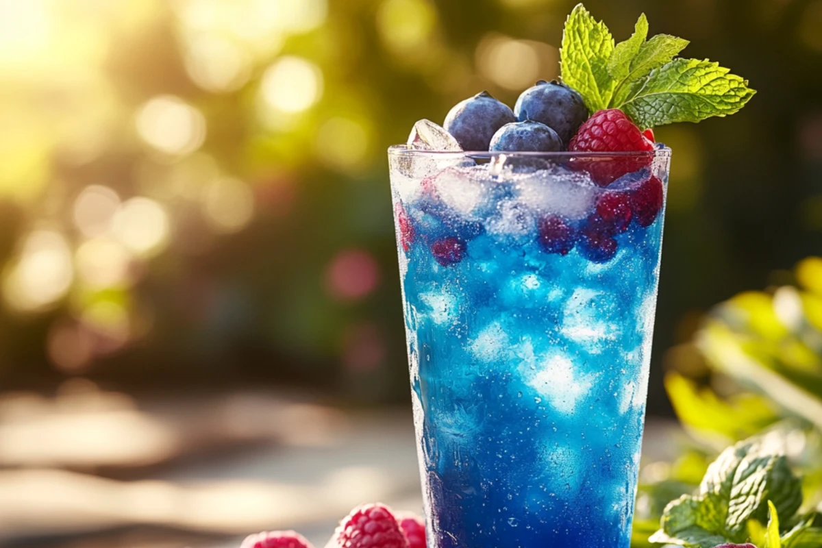 Tall glass of Blue Razz Ice Juice garnished with blueberries and mint.