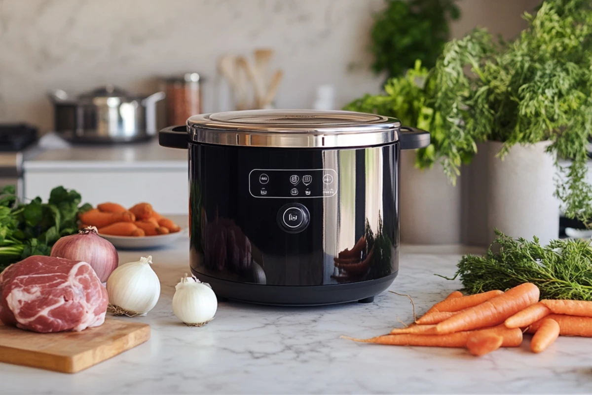 Slow cooker with high and low settings in a modern kitchen.