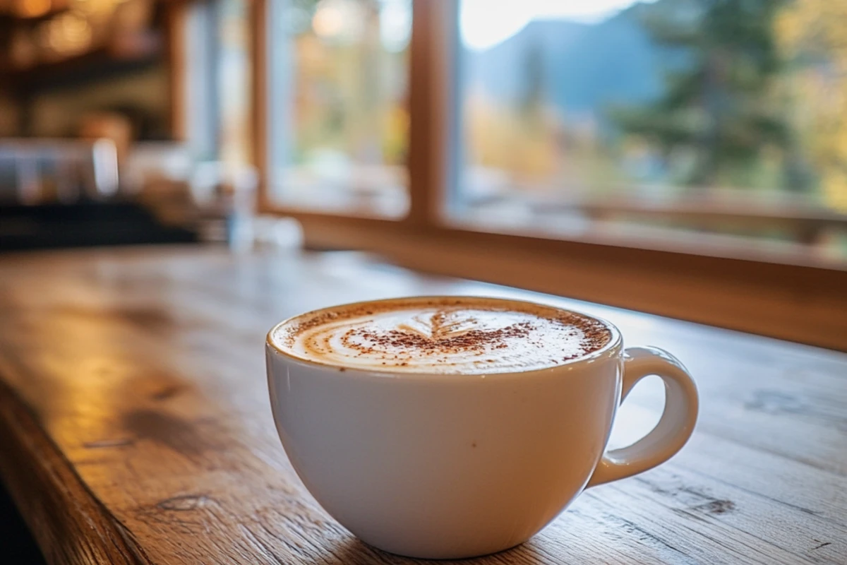 White cup of chai latte with frothy patterns on a rustic wooden table, bright natural light, mountain view through the kitchen window.