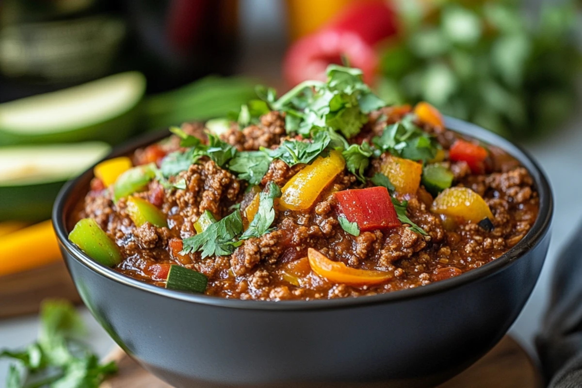 Keto chili with ground beef, herbs, and vegetables on a styled dinner table with a slow cooker in the background