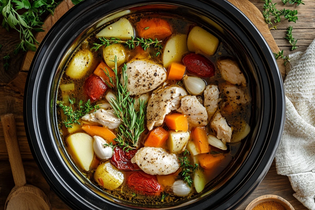 Crockpot with chicken, vegetables, and herbs on a wooden countertop.