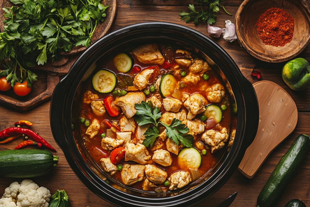 Crock pot with a vibrant low-carb dish and fresh ingredients like chicken, cauliflower, and zucchini on a cozy table.