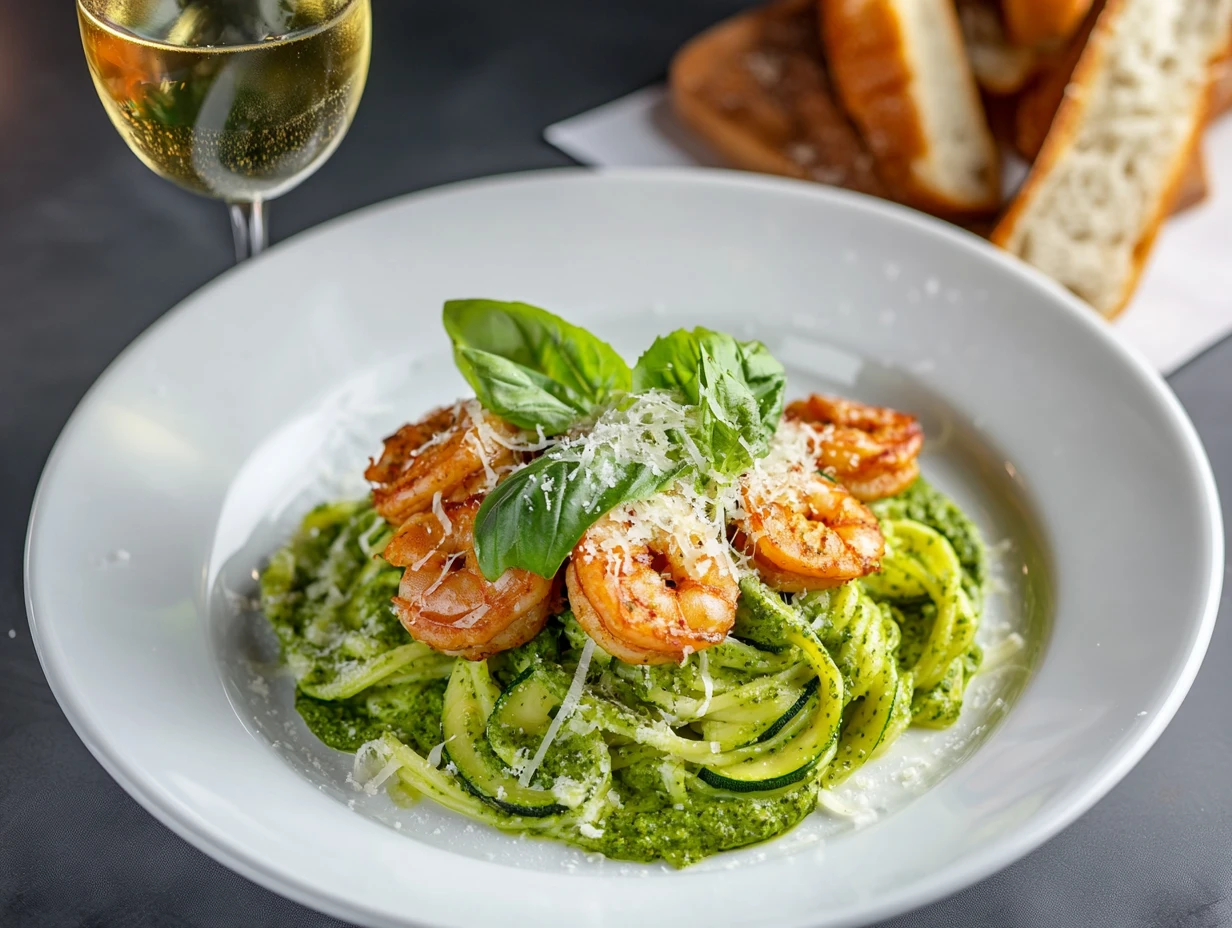 Pesto langostino zucchini pasta garnished with Parmesan and basil on a white plate.