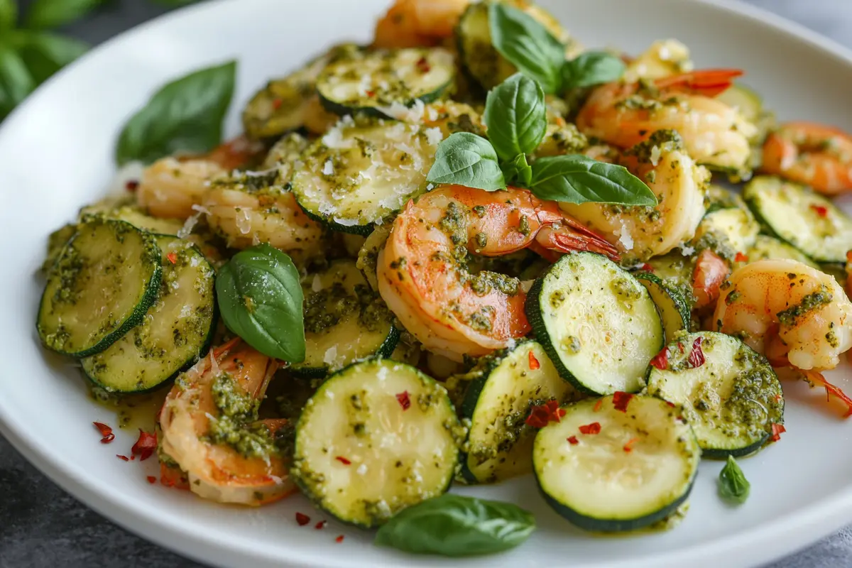 Pesto langostino zucchini pasta plated