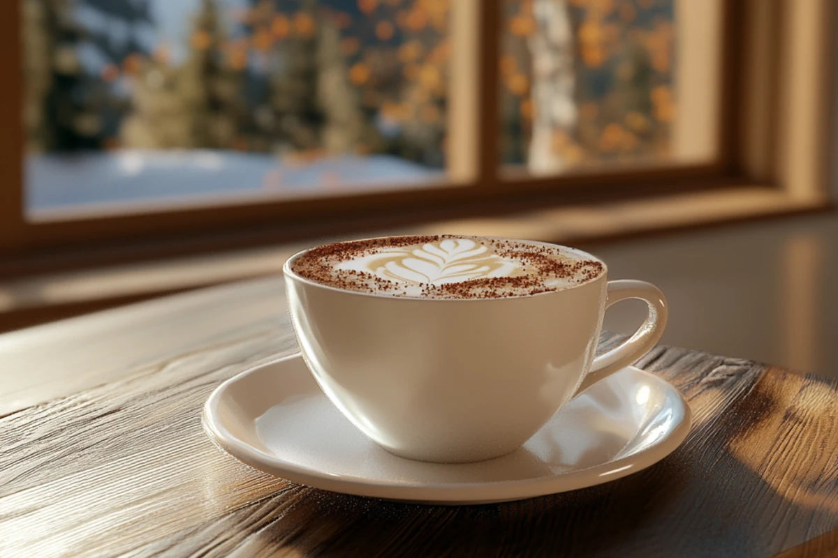 A rustic kitchen table with a white plate holding a frothy Starbucks Chai Latte, swirled with cinnamon. A mountain view and trees are visible through a window