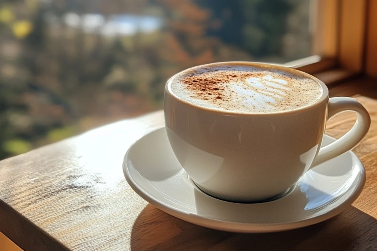 Rustic kitchen with natural sunlight, a mountain view, and a chai tea latte on a wooden table.