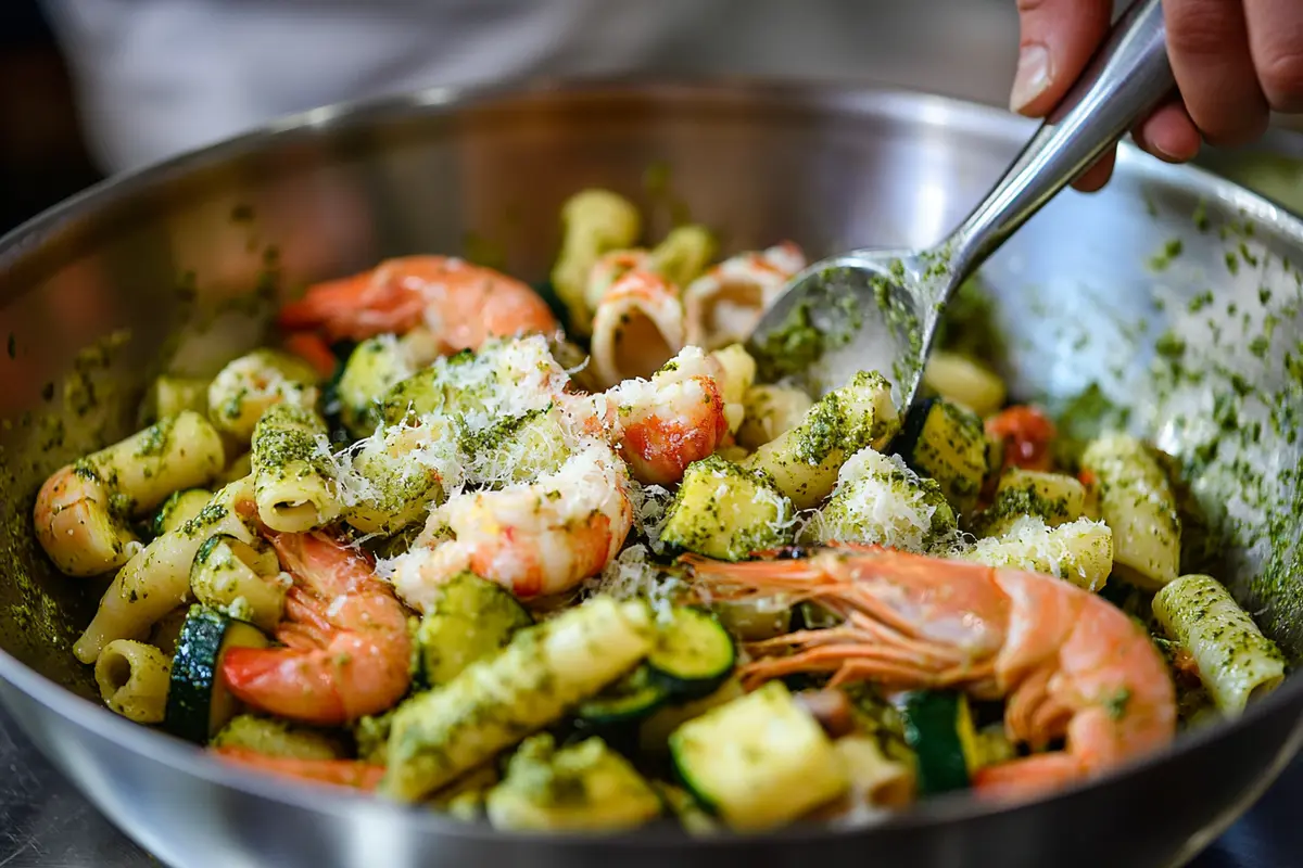 Tossing pesto with pasta