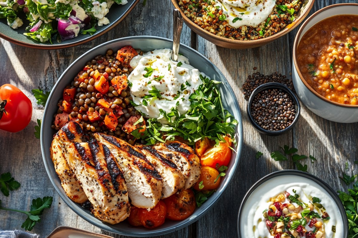 Vibrant table with protein-rich meals including chicken, quinoa salad, and yogurt parfait