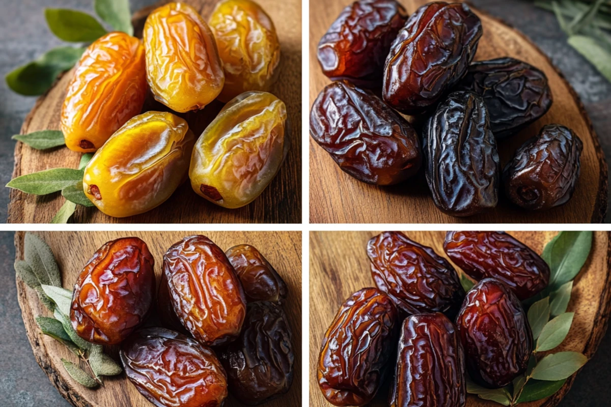 Barhi dates at fresh and dried stages on a wooden platter with leaves.