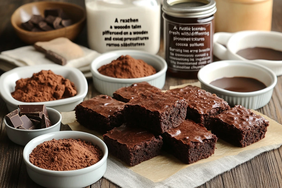 Freshly baked brownies with different textures on a wooden table, surrounded by chocolate chunks, carob powder, and baking tools in a cozy kitchen