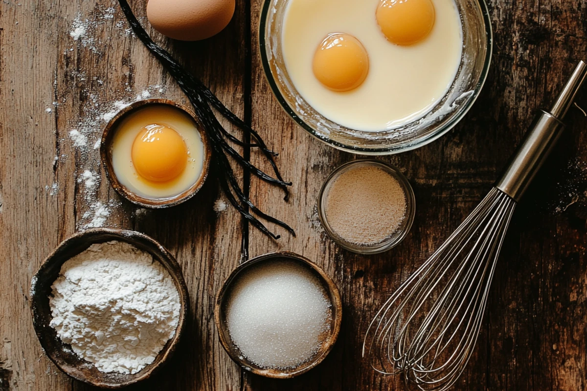 Flat-lay of crème brûlée ingredients including heavy cream, egg yolks, sugar, and a vanilla bean on a rustic kitchen surface.