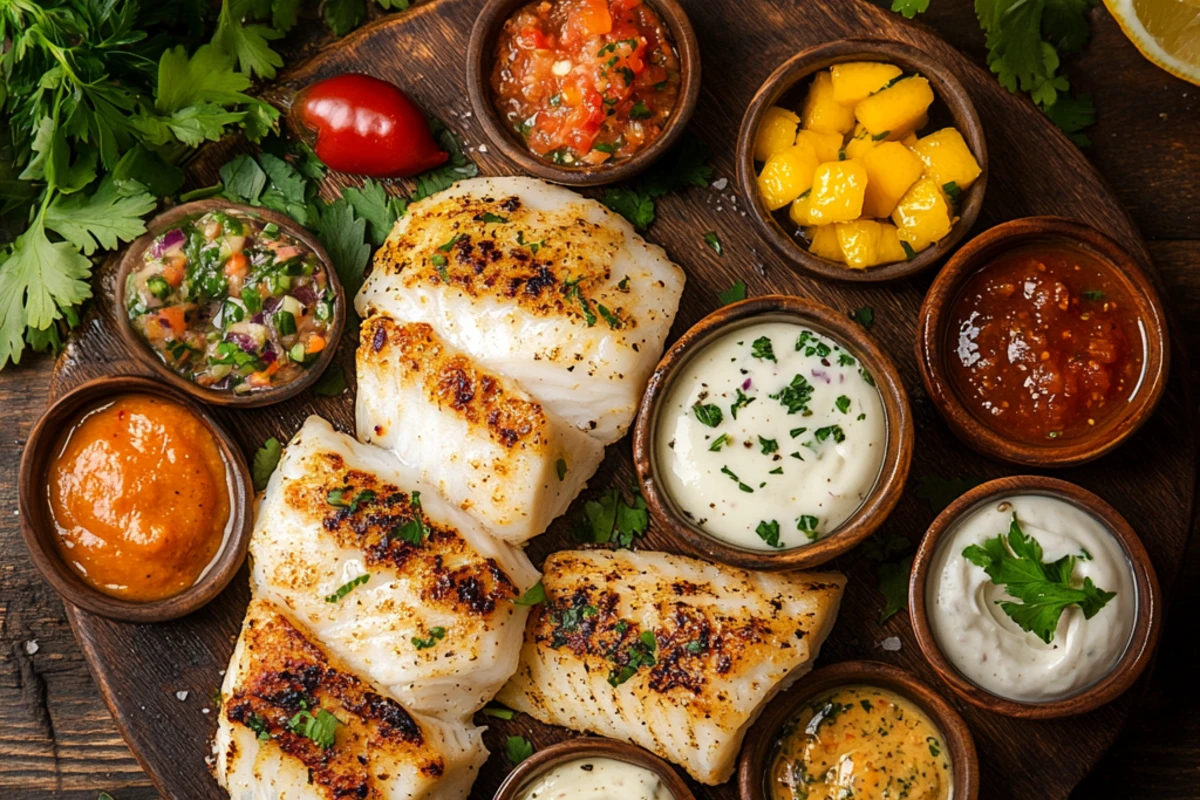 Cooked fish with dipping sauces like tartar, sriracha mayo, mango salsa, and lemon butter, garnished with herbs and lemon slices.