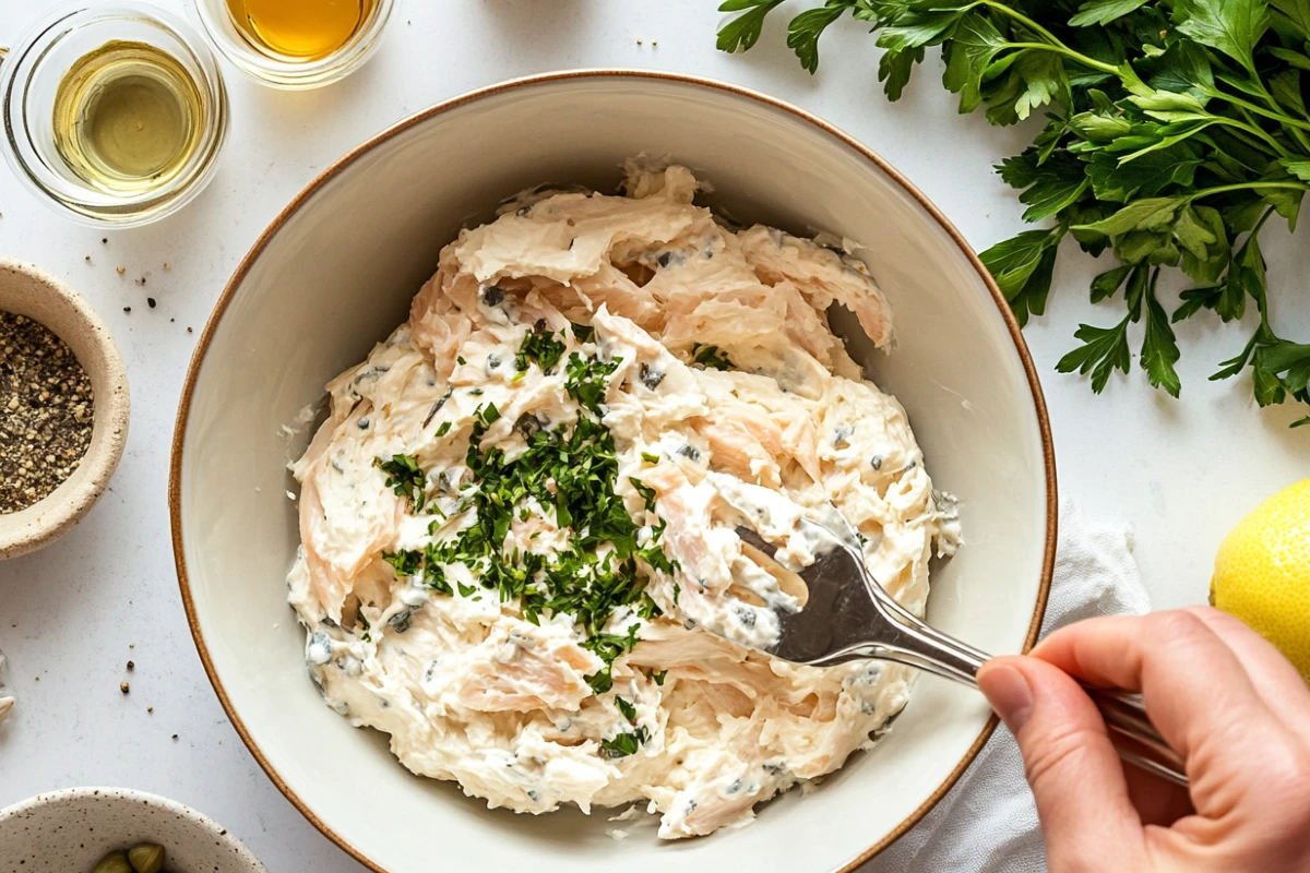 Hands mixing smoked fish dip with herbs, capers, and lemon on a countertop.