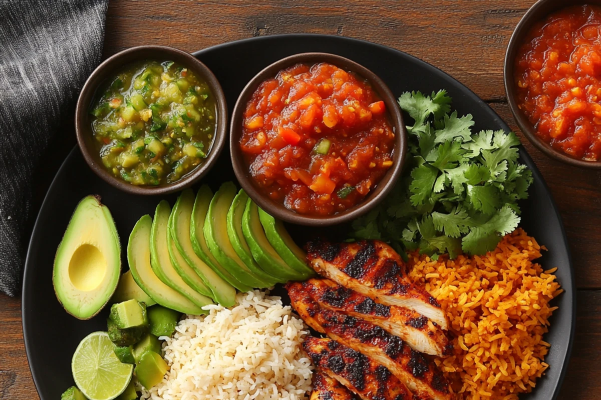 Grilled chicken with rice, tortillas, salsa, and avocado on a wooden table.