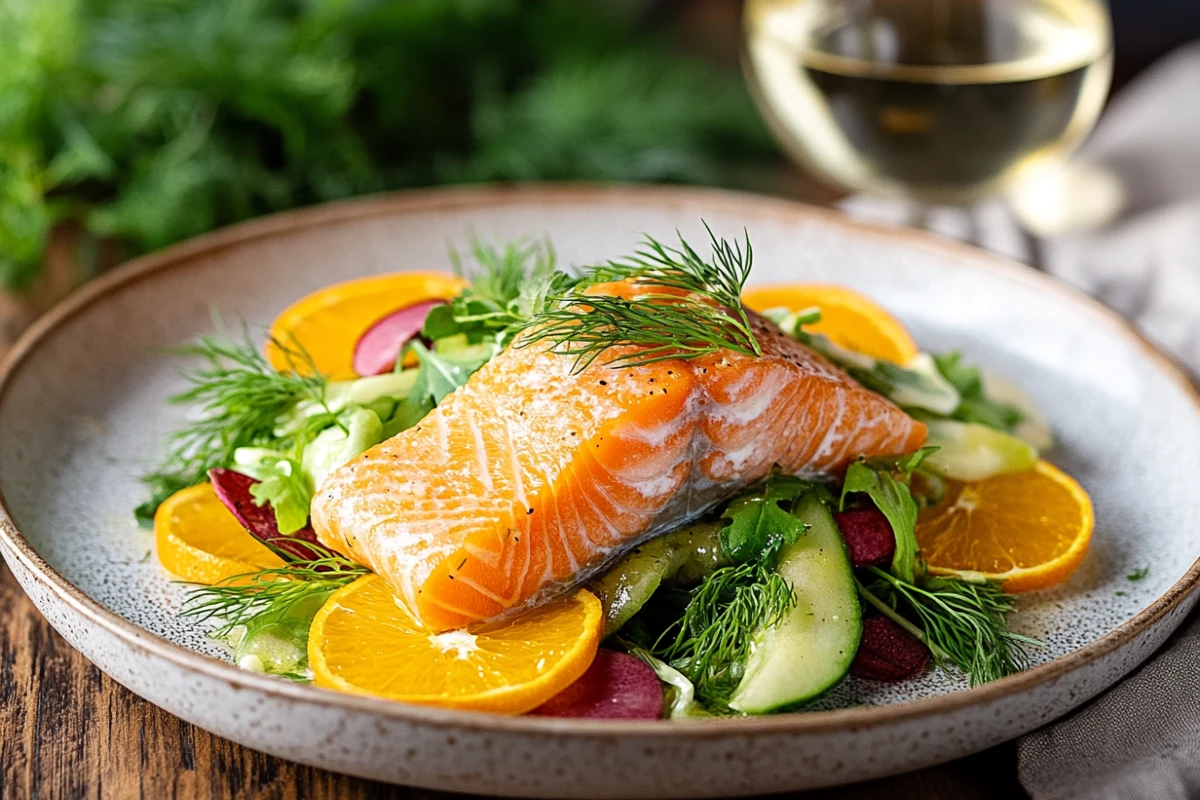 Cooked smoked salmon with citrus salad, garnished with oranges and dill, on a rustic table, emphasizing freshness and texture.