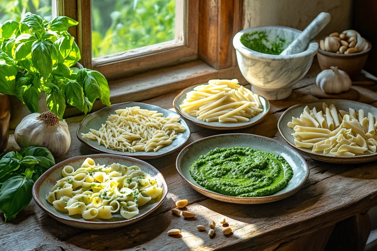 Plates of pasta—trofie, trenette, linguine, fusilli, penne—next to pesto sauce, basil, and a mortar in a rustic kitchen.