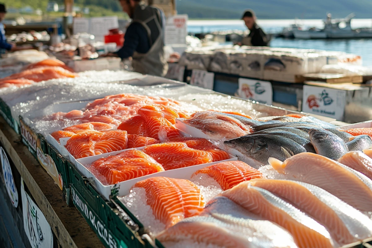 Seafood market with fresh fish, Alaskan waters, fishermen, aquaculture, and Trader Joe's in the distance.