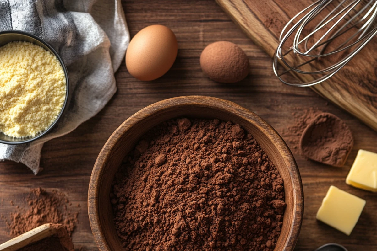 Top-view of cocoa powder in a wooden bowl with brownie ingredients