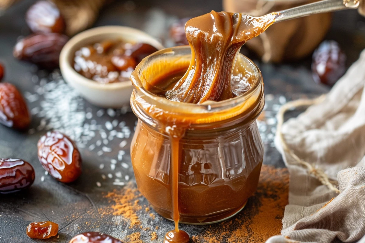 A jar of creamy, glossy date caramel with a spoon lifting a portion, surrounded by plump Medjool dates and rustic kitchen elements.