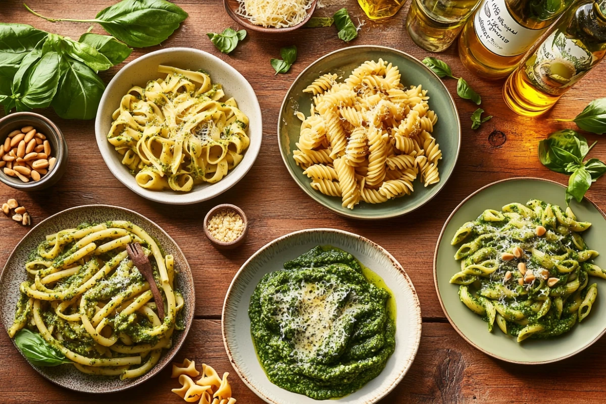 Various pasta dishes with pesto sauce, including trofie, fusilli, linguine, and penne, garnished with Parmesan, pine nuts, and fresh basil.