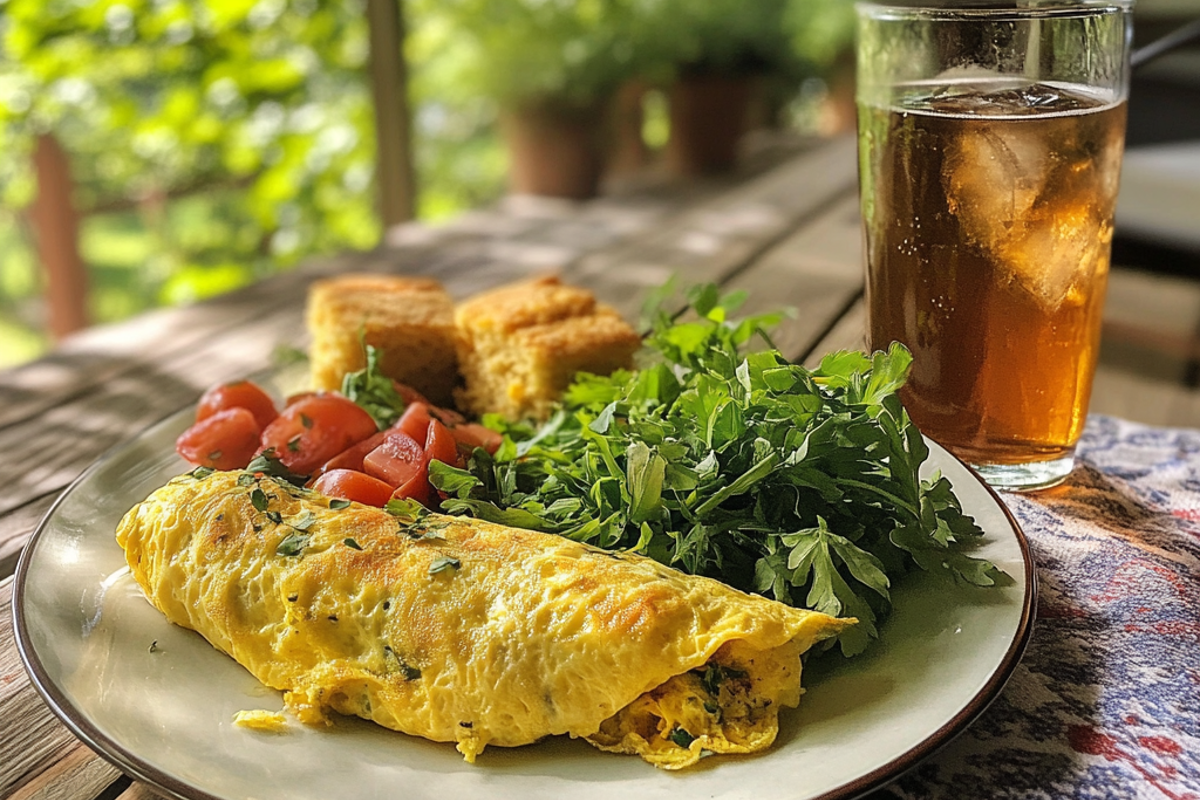 Appalachian omelette with cornbread and iced tea