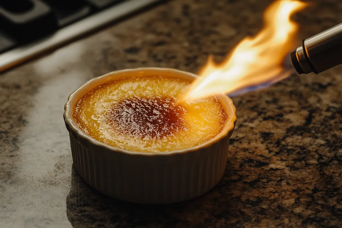 Blow torch caramelizing crème brûlée sugar layer