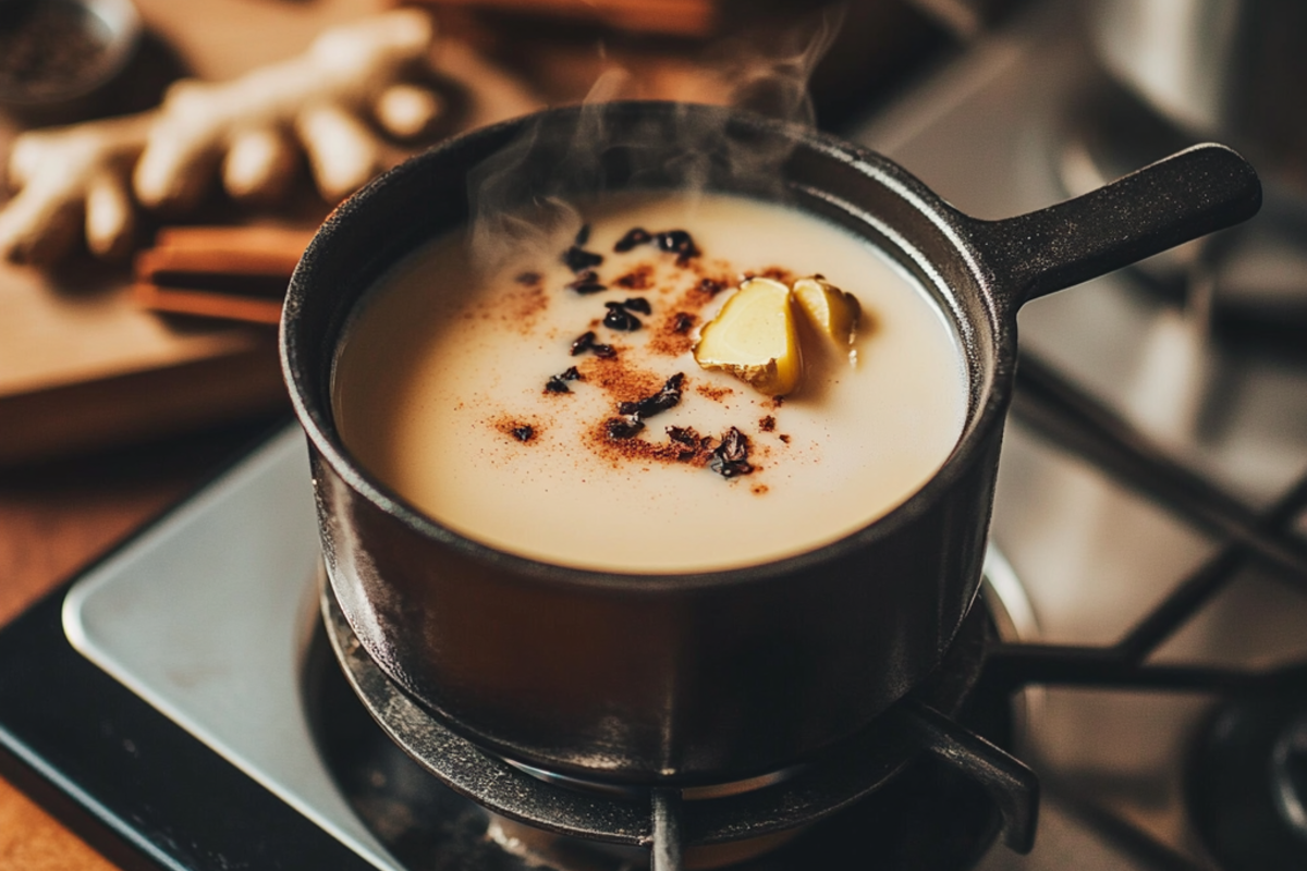 Homemade chai tea setup with simmering spices