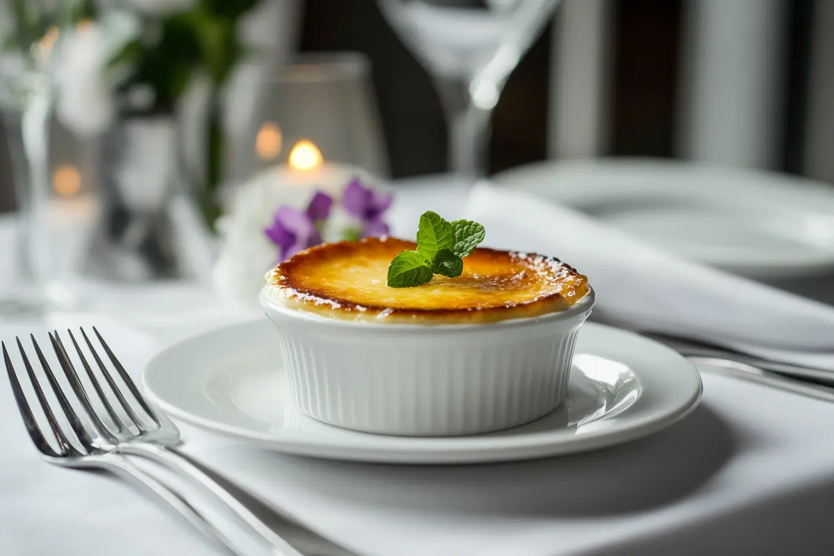 Crème brûlée served on a fine dining table setting.