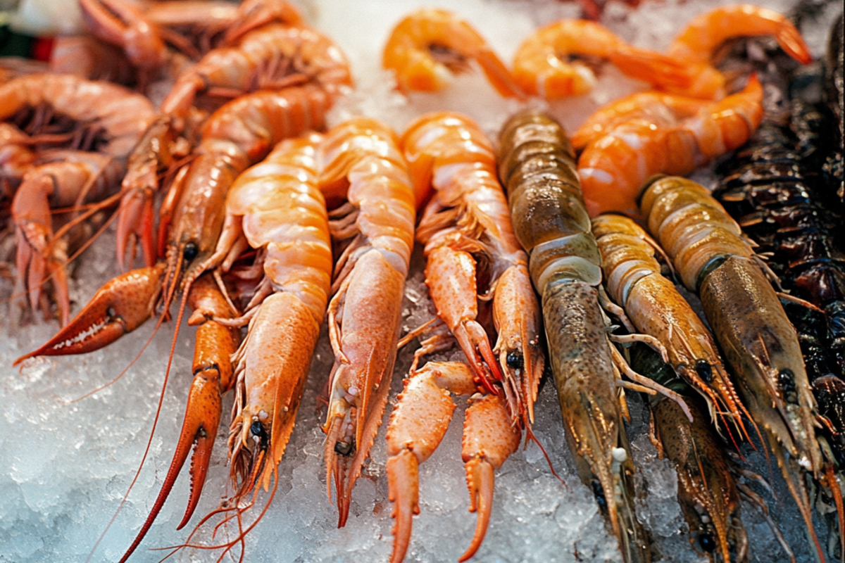 Fresh scampi and shrimp at a seafood market.